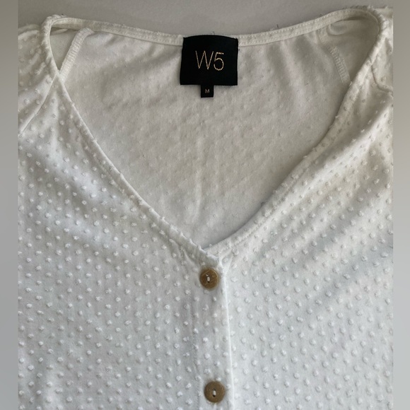 W5 | Women’s White Swiss Dot V-Neck 3/4 Sleeve Button Down Blouse - Picture 6 of 7